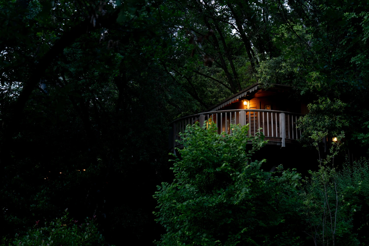 La cabane Bagheera éclairée à la tombée de la nuit, dans la forêt d'Orion