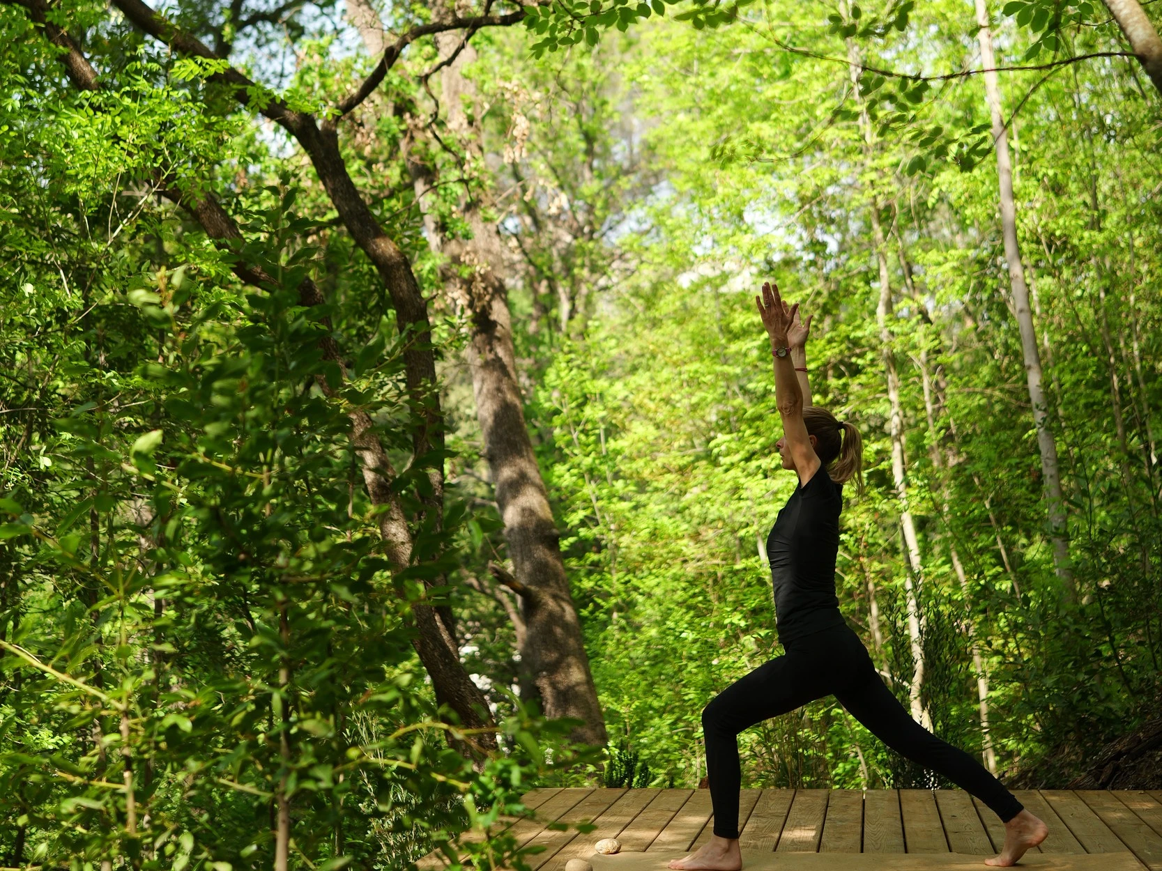 Séance de yoga sur le deck en bois de la Forêt du Colibri, à Orion Treehouses